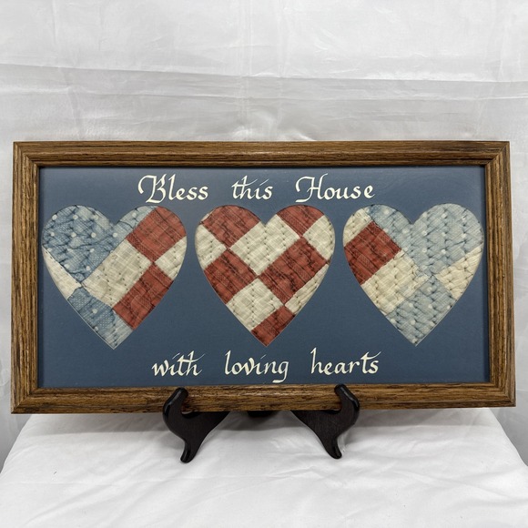 Handmade Other - Vintage/Antique Quilt Framed "Bless This Home With Loving Hearts" Red White Blue